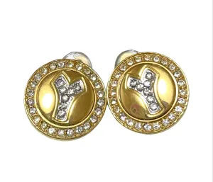 MINT. Vintage Yves Saint Laurent golden Y logo round earring with crystals. Must have classic jewelry piece. 0410061