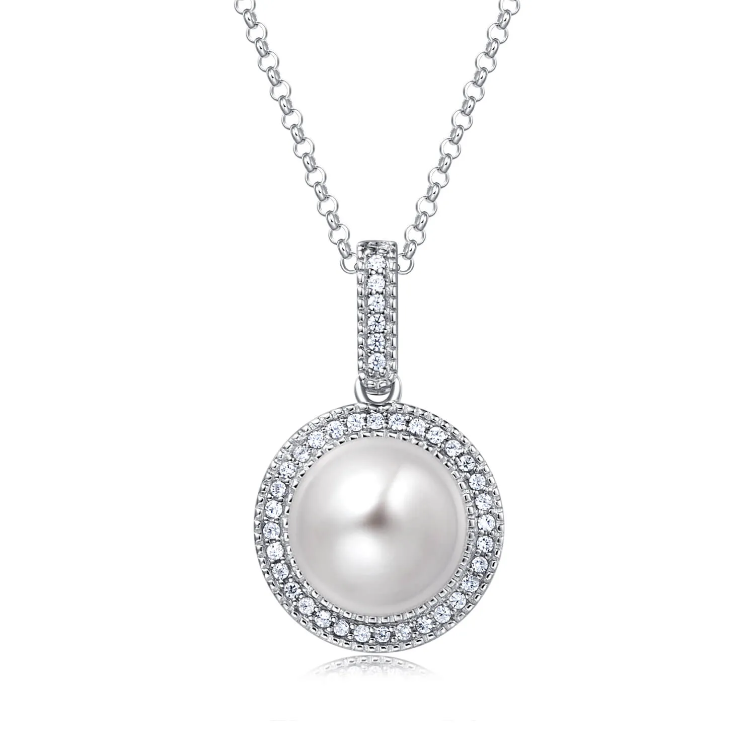 Molah Silver Freshwater Pearl and Cubic Zirconia Halo Necklace
