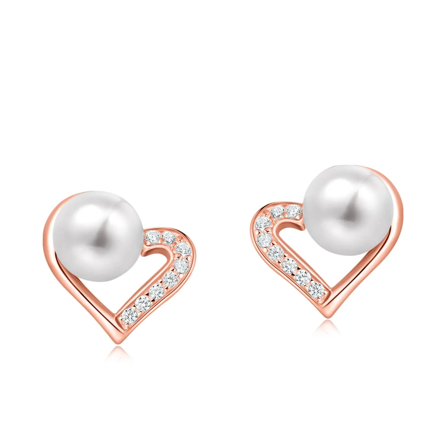 Molah Silver Freshwater Pearl and Cubic Zirconia Heart Stud Earrings