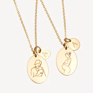 Mother and Grandmother Oval Disc Pendant Sketch Necklace