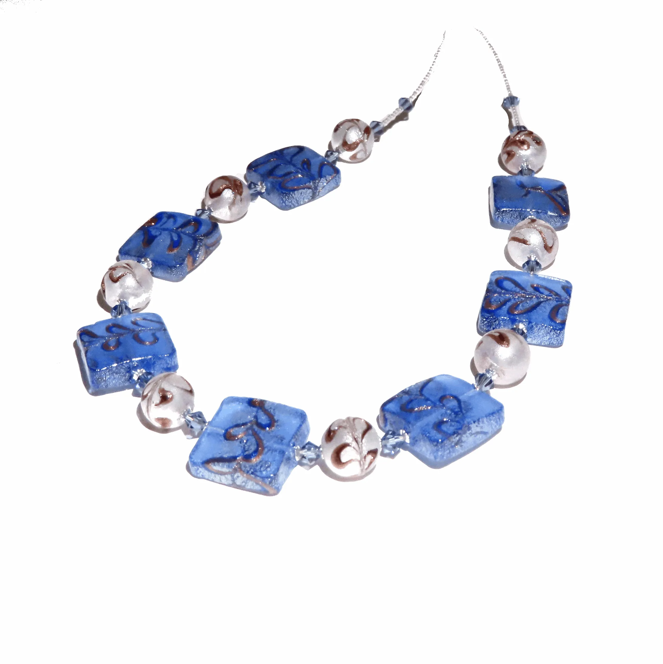Murano Glass Blue Silver Necklace with Handmade Blue Square Beads