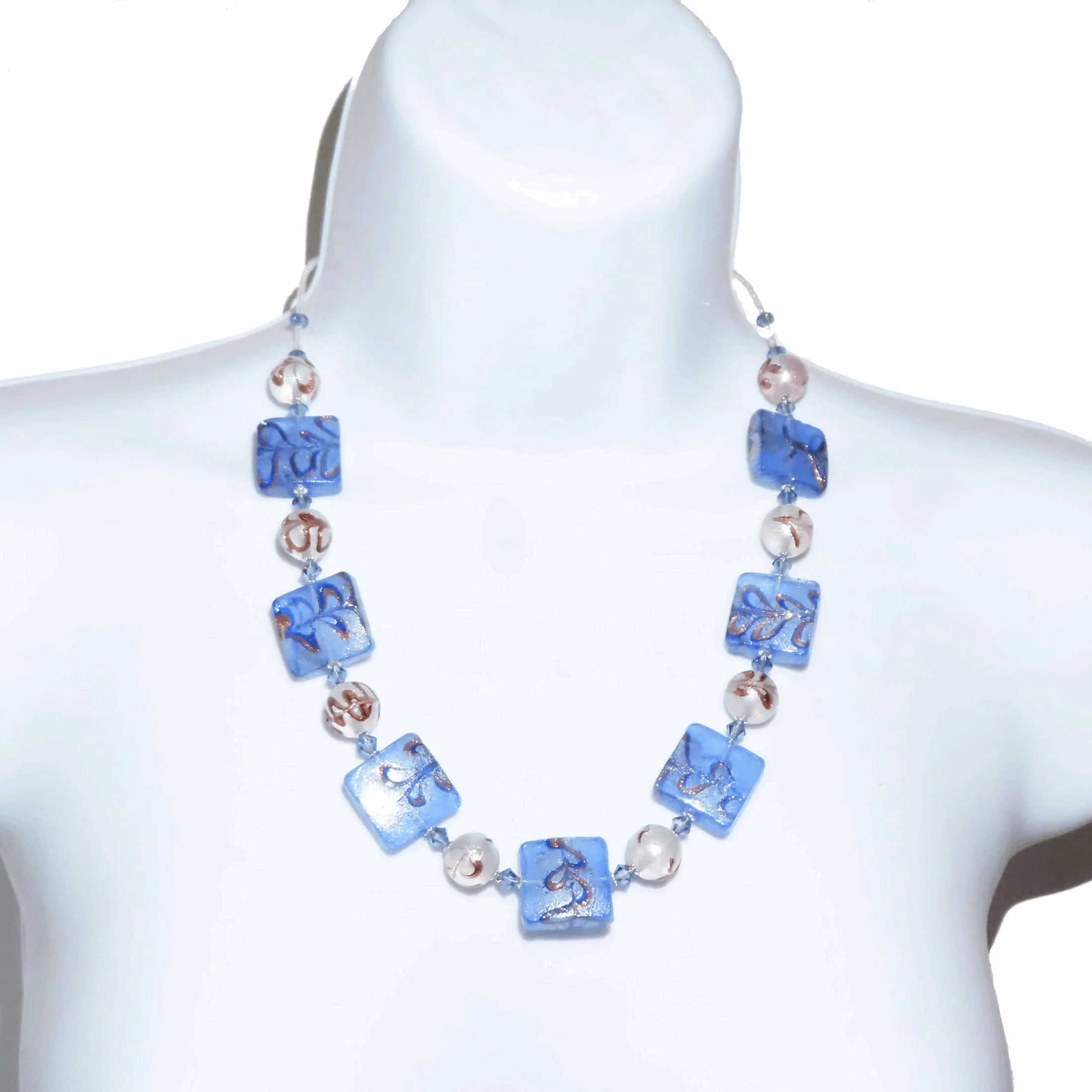 Murano Glass Blue Silver Necklace with Handmade Blue Square Beads