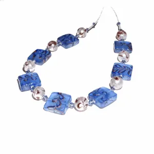 Murano Glass Blue Silver Necklace with Handmade Blue Square Beads