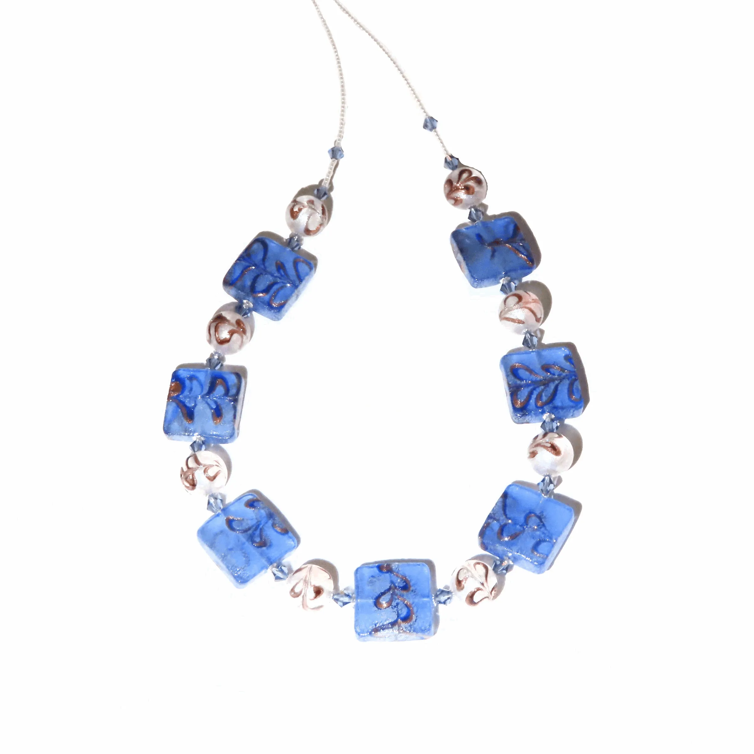 Murano Glass Blue Silver Necklace with Handmade Blue Square Beads