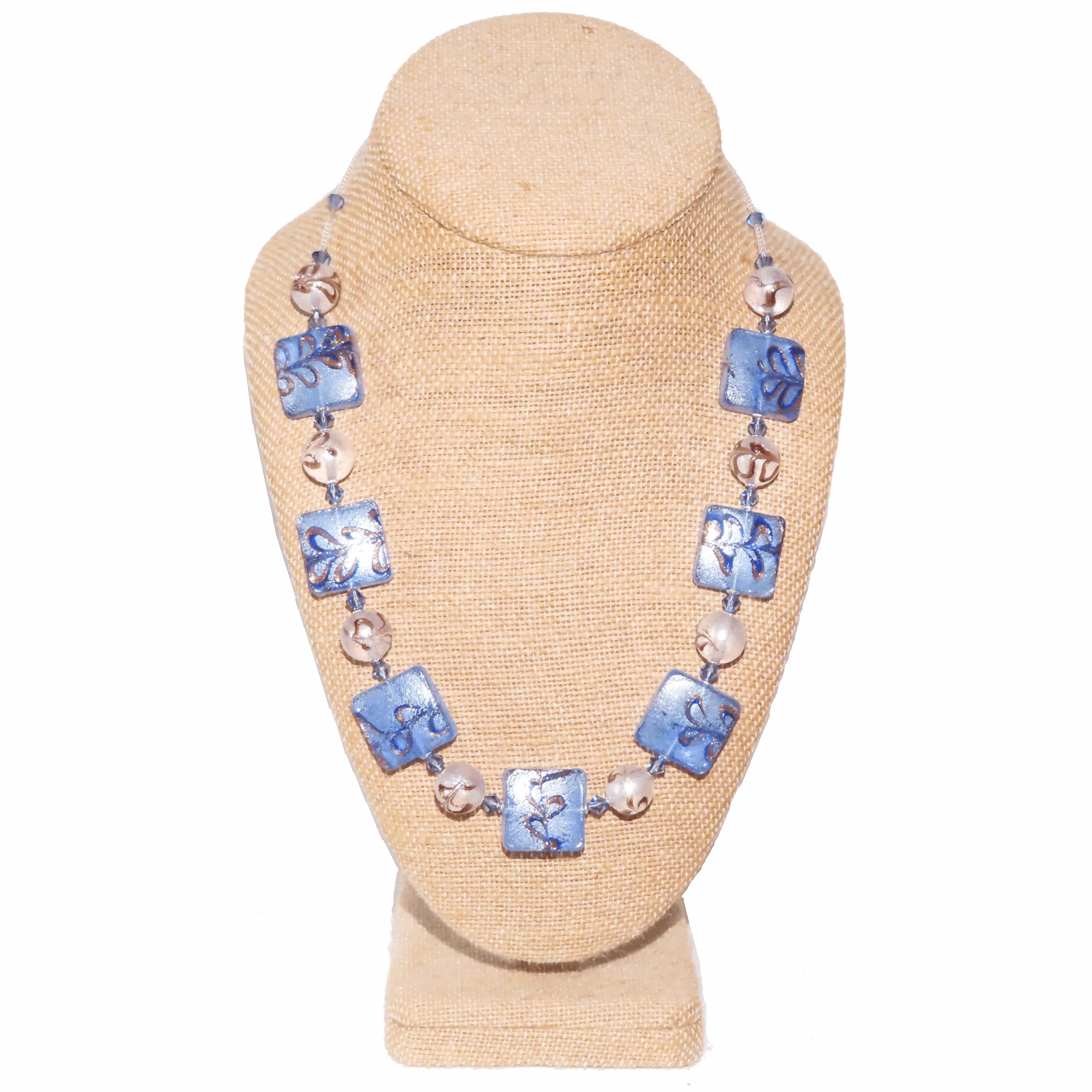 Murano Glass Blue Silver Necklace with Handmade Blue Square Beads