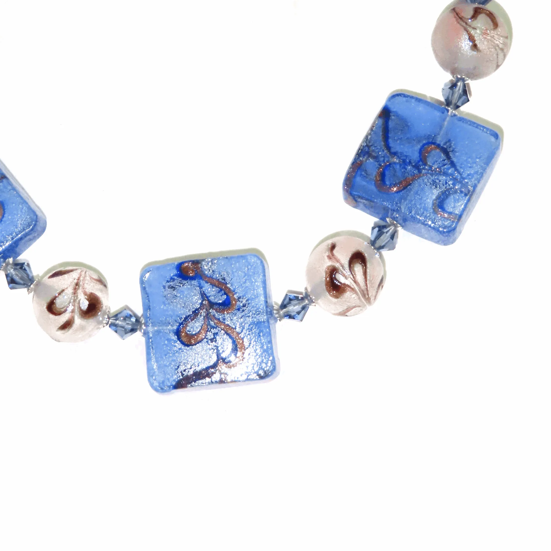 Murano Glass Blue Silver Necklace with Handmade Blue Square Beads