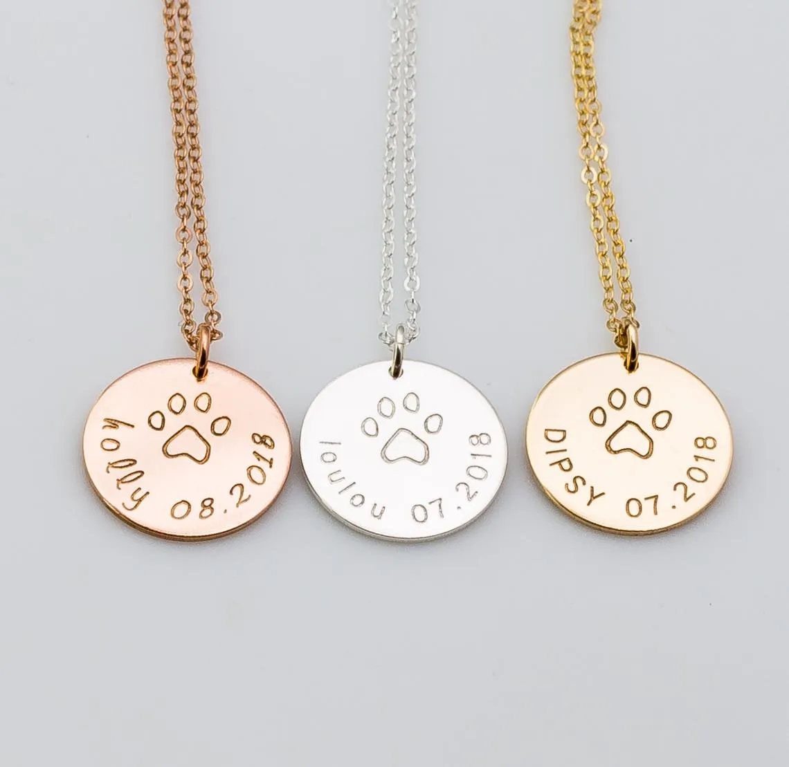 Name and Date Dog Paw Necklace, 5/8" Disc