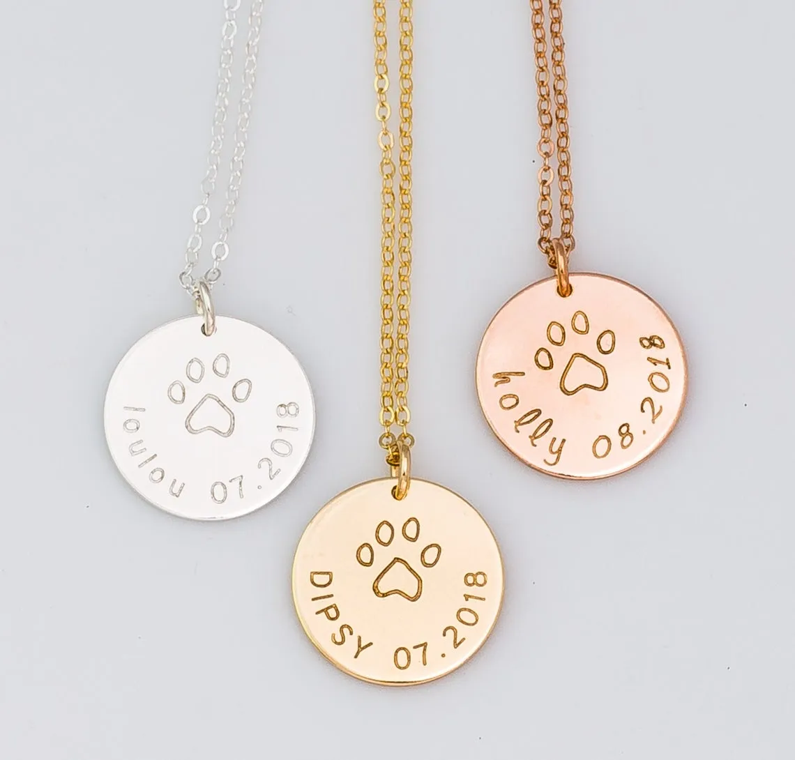 Name and Date Dog Paw Necklace, 5/8" Disc