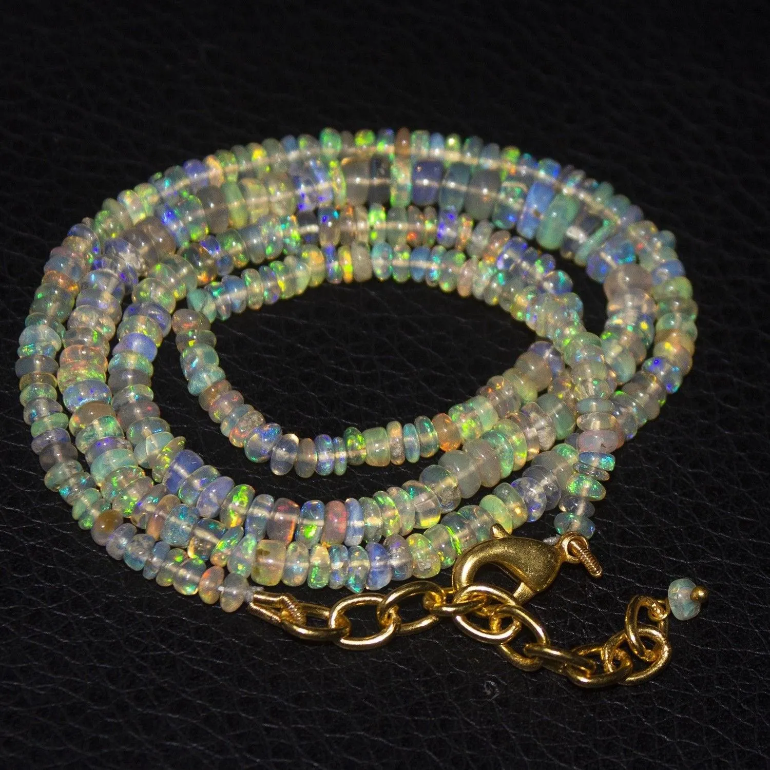 Natural Black Welo Opal Smooth Rondelle Gold Vermeil Necklace 20" 3mm 5mm