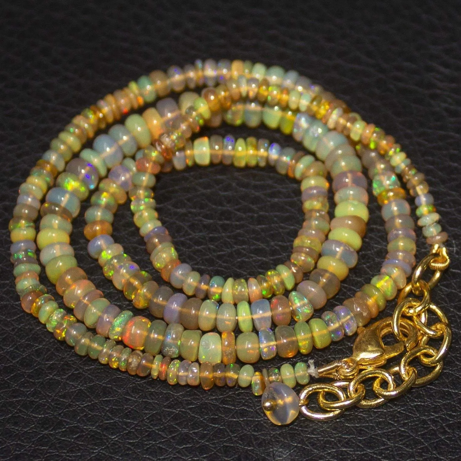 Natural Ethiopian Welo Opal Gold Plated Smooth Rondelle Necklace 2.5mm 5mm 19"