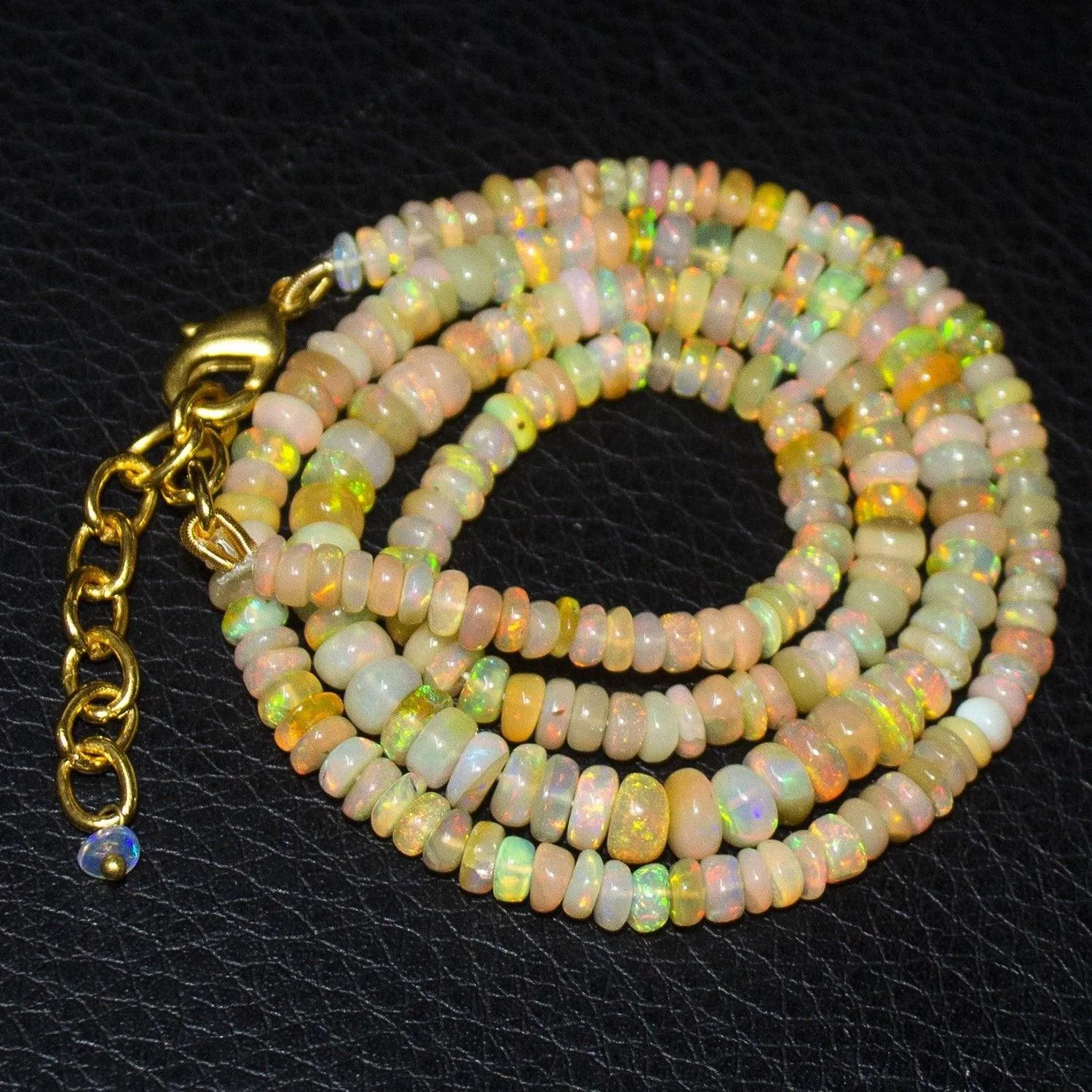 Natural Ethiopian Welo Opal Gold Plated Smooth Rondelle Necklace 3.5mm 5mm 19"