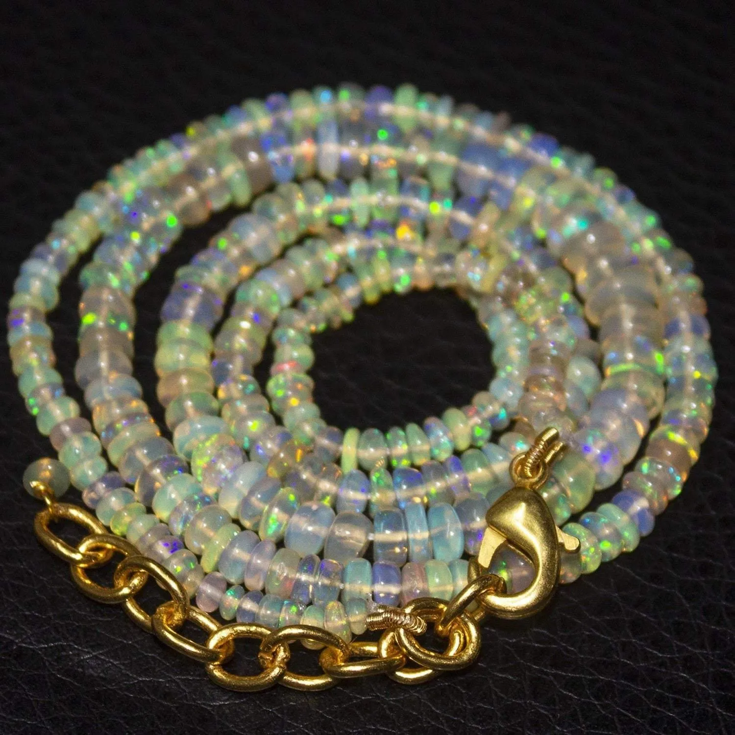 Natural Ethiopian Welo Opal Gold Plated Smooth Rondelle Necklace 3mm 5mm 19.5"