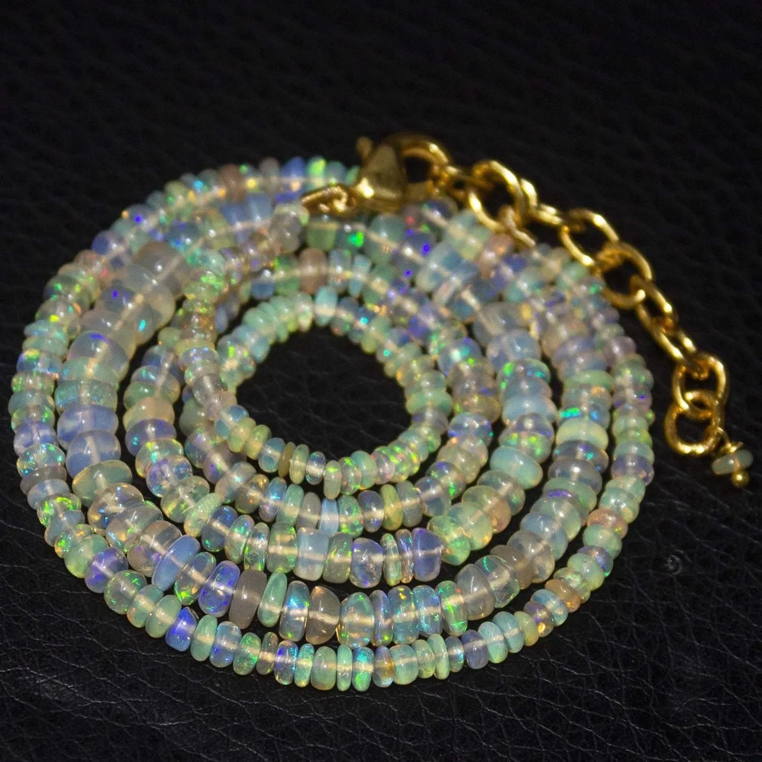Natural Ethiopian Welo Opal Gold Plated Smooth Rondelle Necklace 3mm 5mm 19.5"