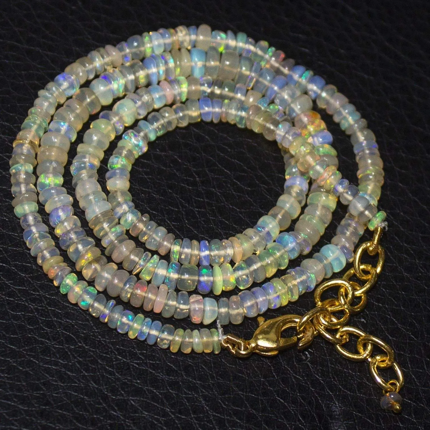 Natural Ethiopian Welo Opal Gold Plated Smooth Rondelle Necklace 3mm 5mm 20"
