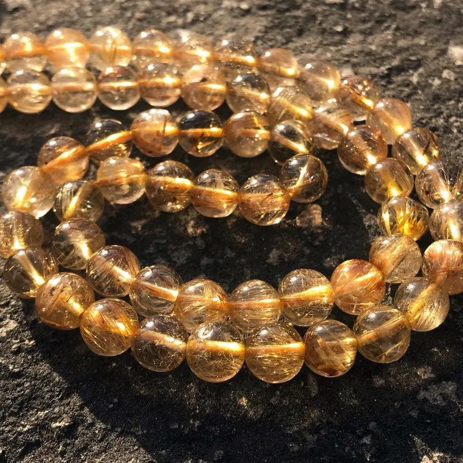 Natural Gold Rutile Quartz Smooth Round Ball Loose Gemstone Beads Strand 15" 8mm