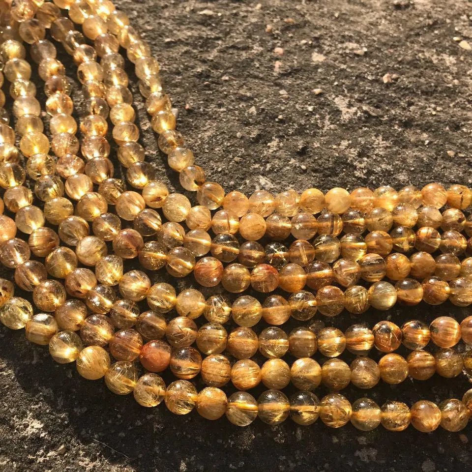 Natural Gold Rutile Quartz Smooth Round Ball Loose Gemstone Beads Strand 15" 8mm
