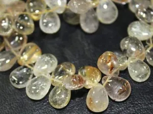 Natural Golden Rutile Smooth Polished Pear Drop Beads Strand 8" 6mm 9mm