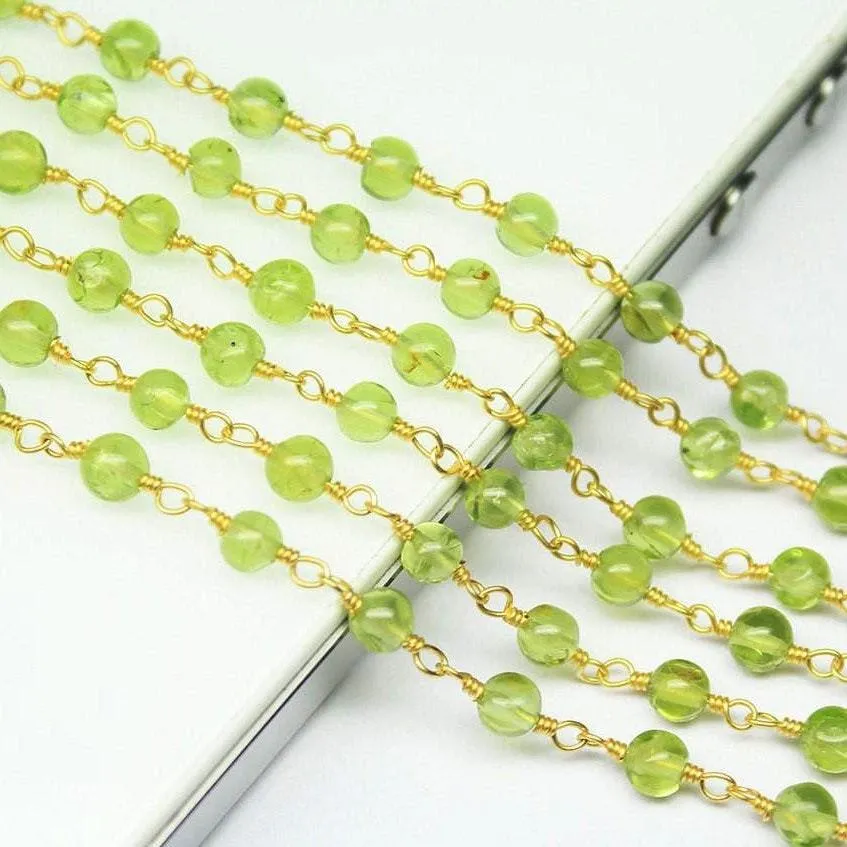 Natural Peridot Smooth Round Beads Gold Plated Brass Link Chain 5 x 14" 4mm