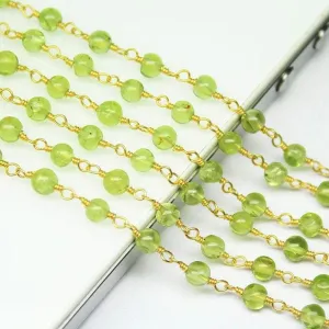 Natural Peridot Smooth Round Beads Gold Plated Brass Link Chain 5 x 14" 4mm