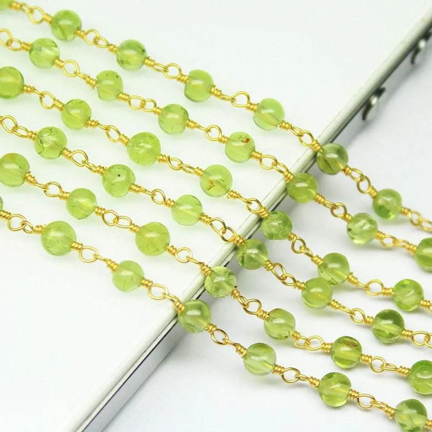 Natural Peridot Smooth Round Beads Gold Plated Brass Link Chain 5 x 14" 4mm