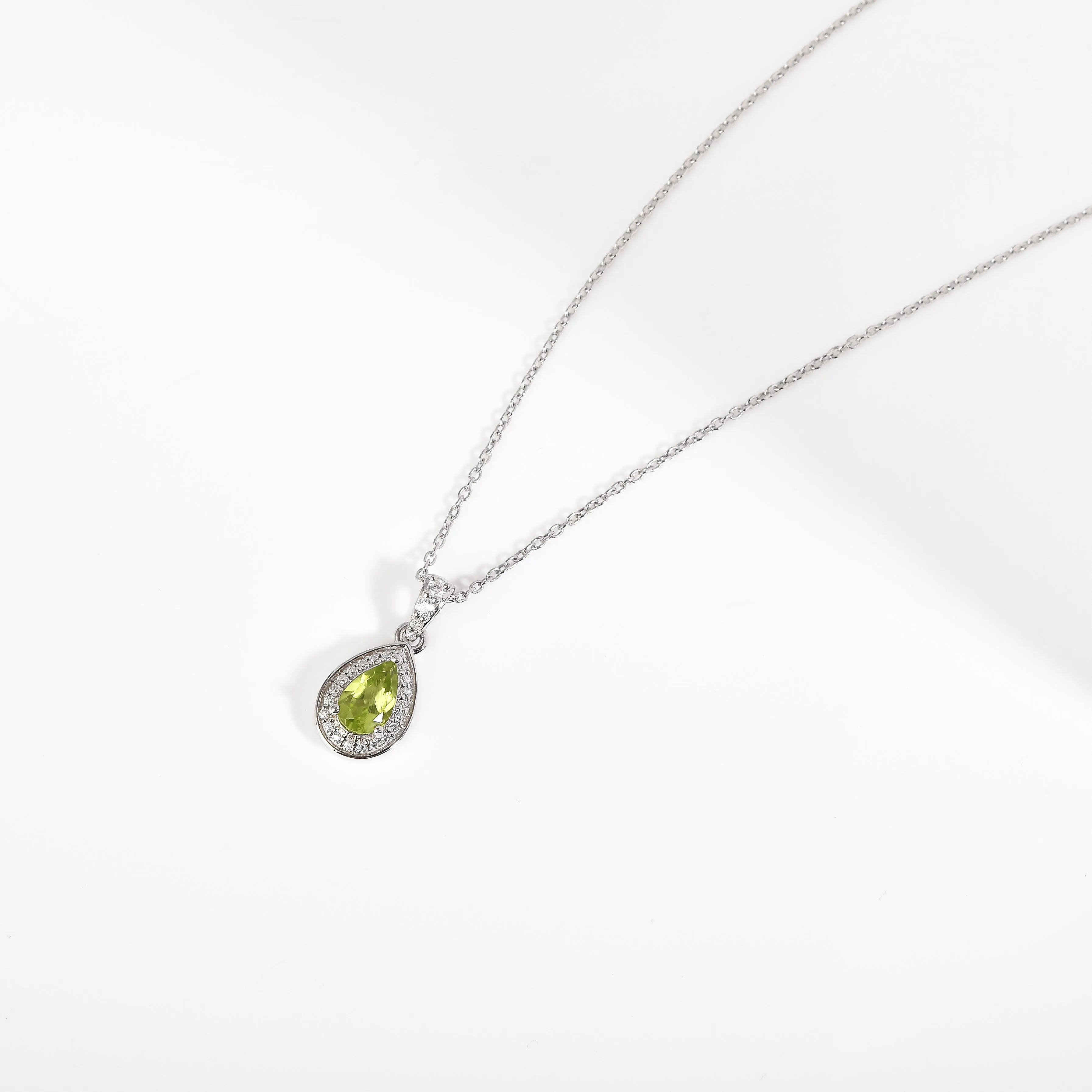 Natural Peridot Teardrop Halo Pendant Necklace