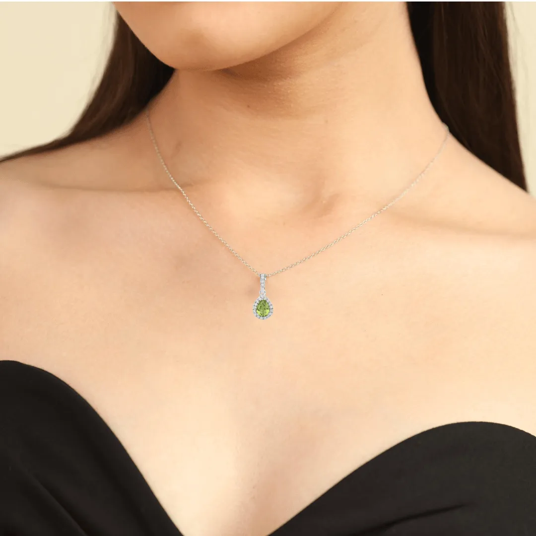 Natural Peridot Teardrop Halo Pendant Necklace