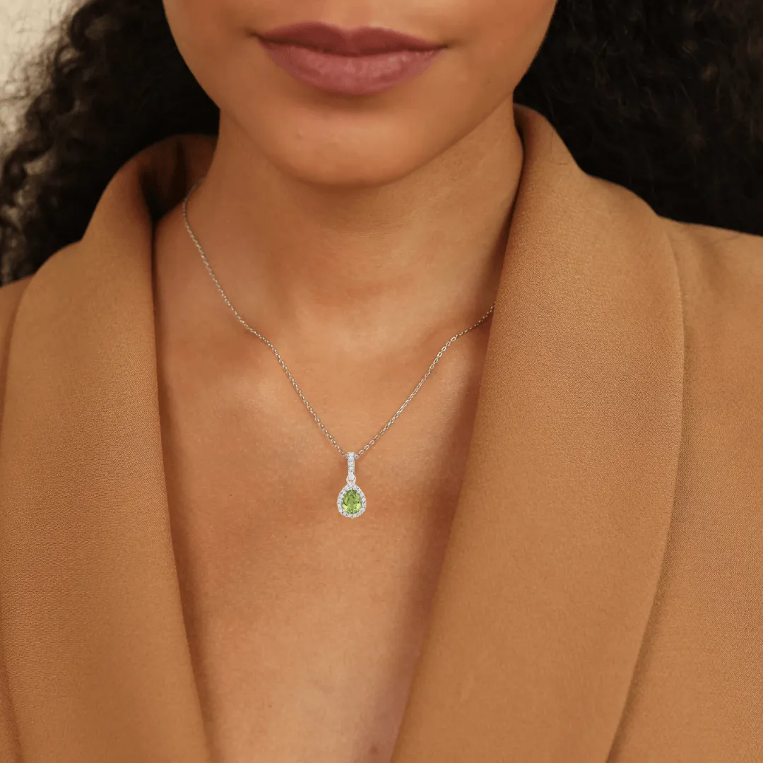 Natural Peridot Teardrop Halo Pendant Necklace