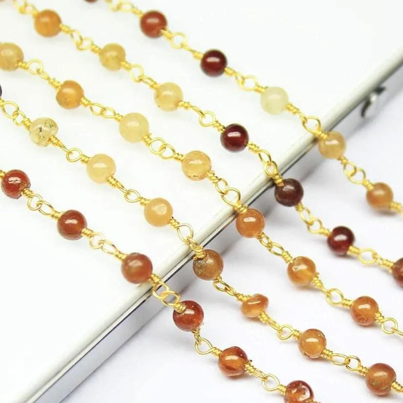 Natural Shaded Hessonite Smooth Round Beads Gold Plated Brass Link Chain 5 x 14"