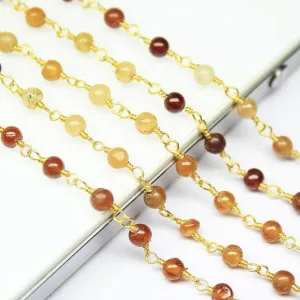 Natural Shaded Hessonite Smooth Round Beads Gold Plated Brass Link Chain 5 x 14"