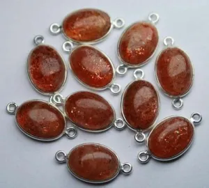 Natural Sunstone Smooth Oval Shape 925 Sterling Silver Connector 5pc 17-18mm