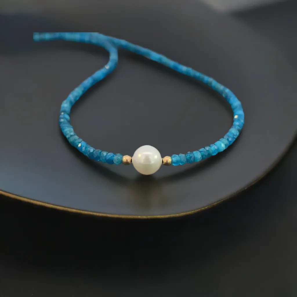 Neon Blue Apatite and Pearl Necklace 14k GF Gold