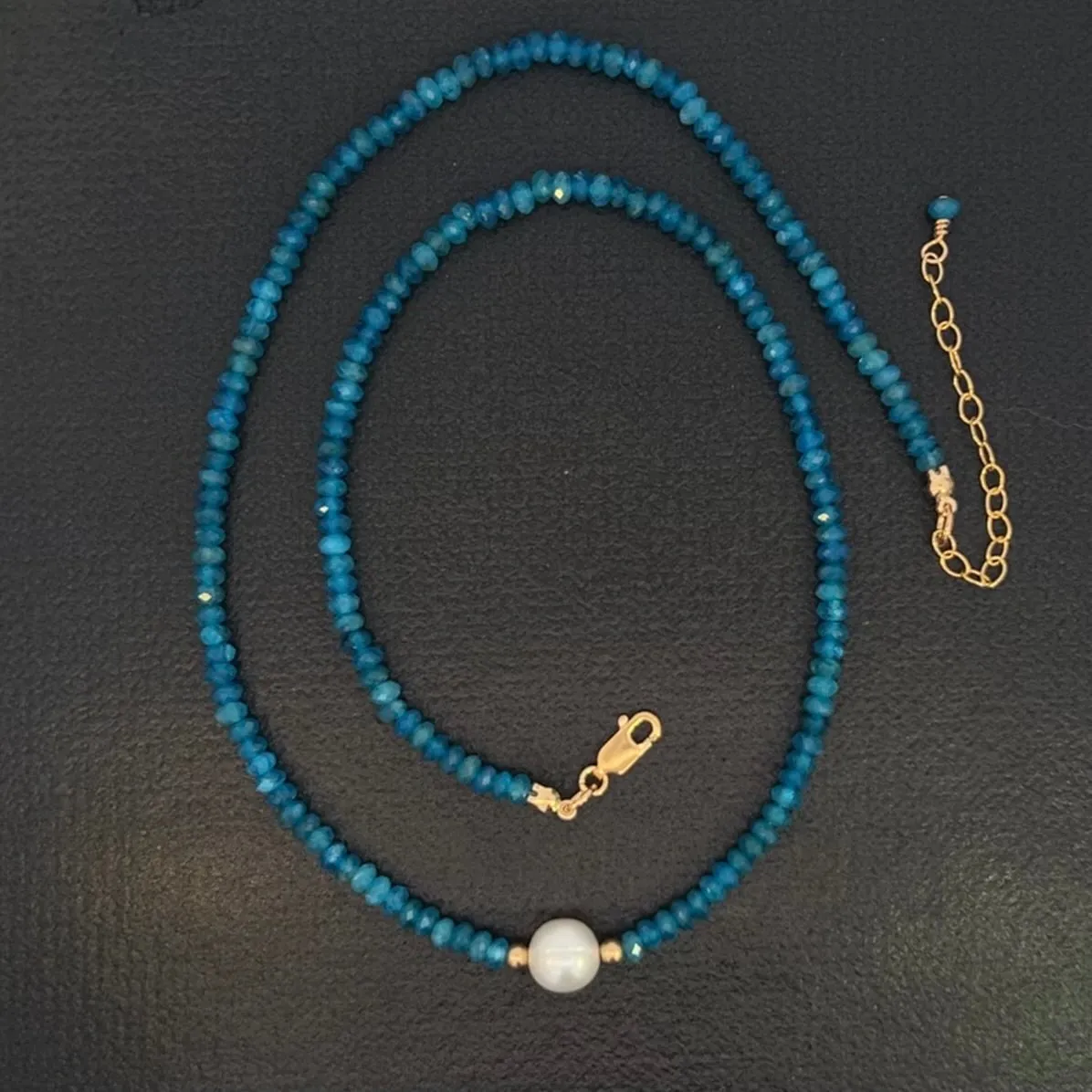 Neon Blue Apatite and Pearl Necklace 14k GF Gold