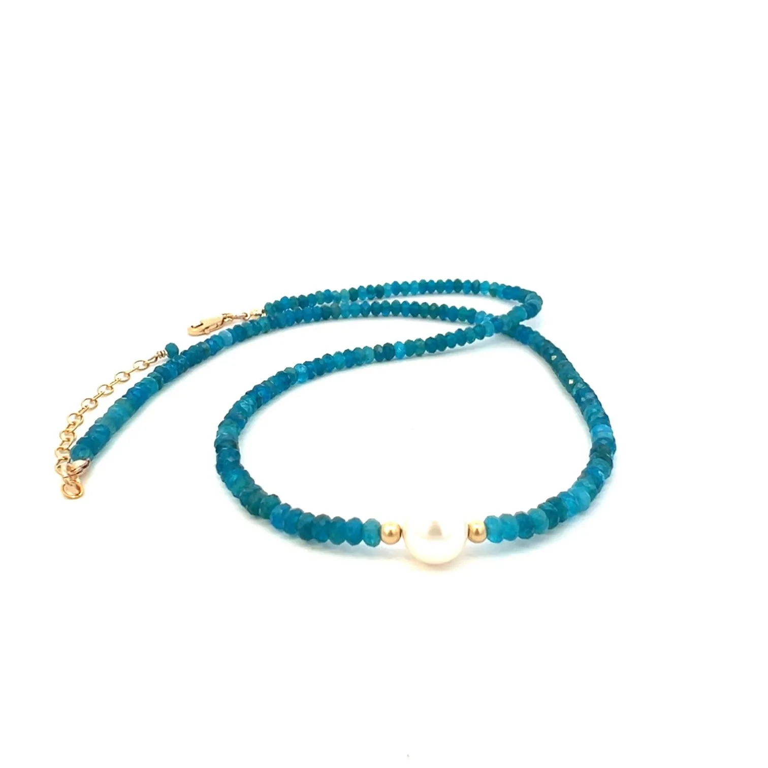 Neon Blue Apatite and Pearl Necklace 14k GF Gold