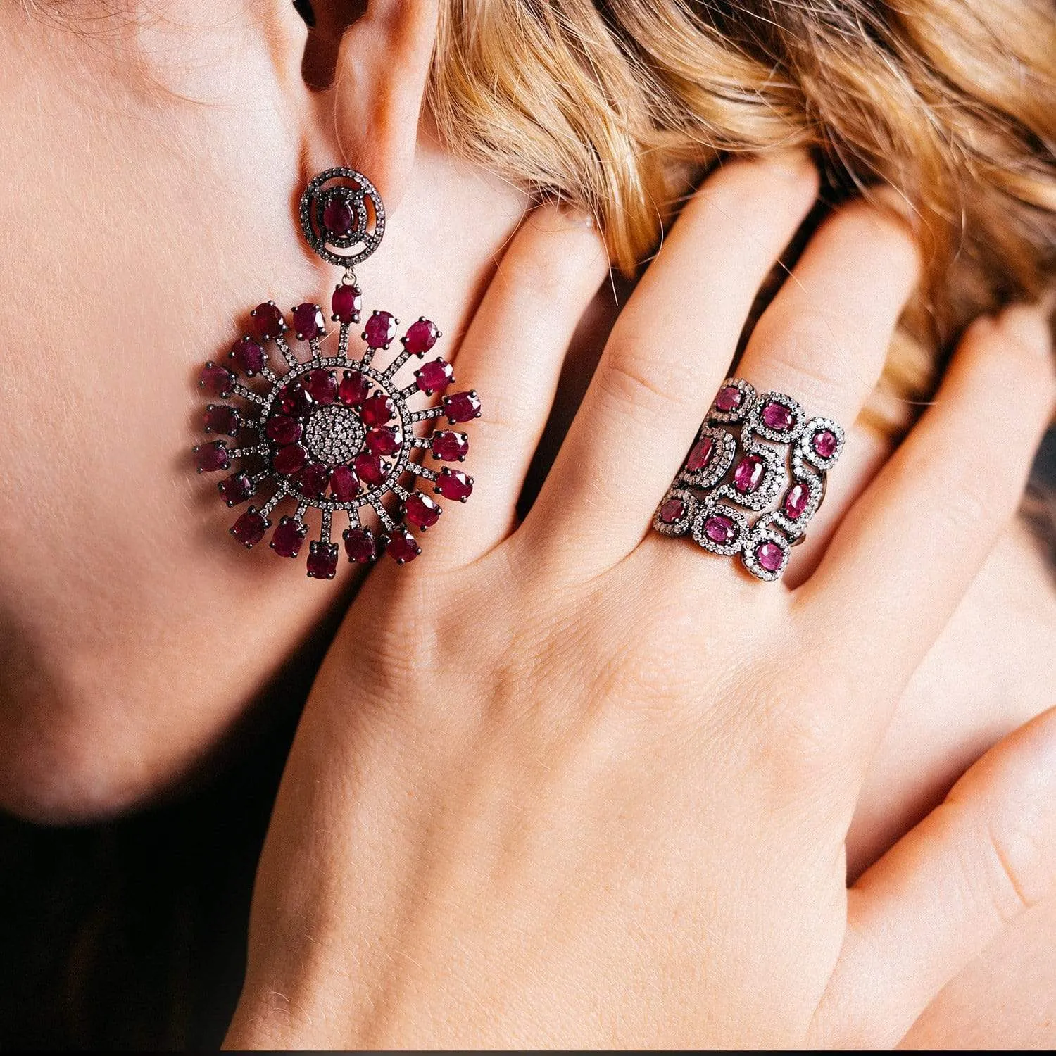 Nine Ruby & Diamond Square Ring