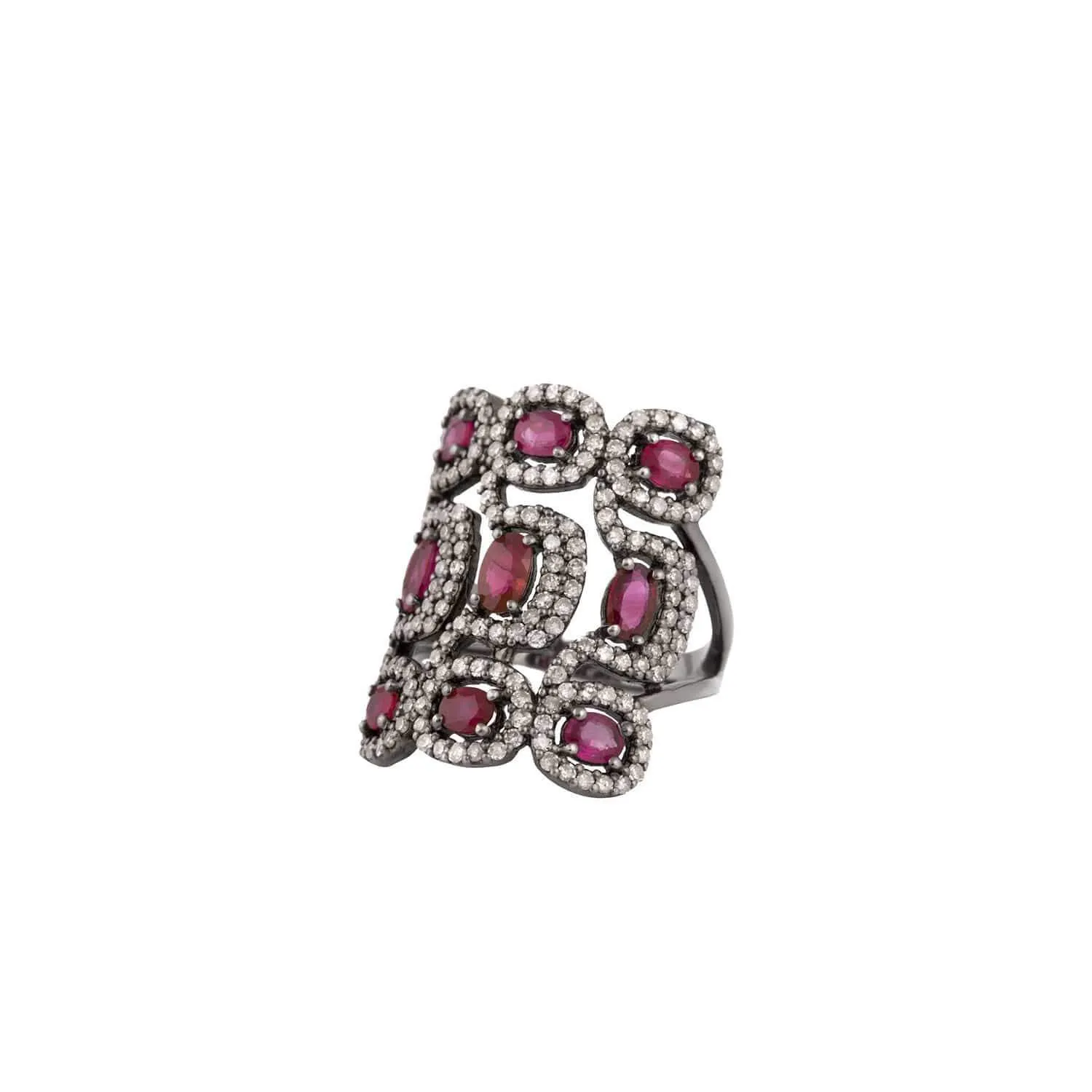 Nine Ruby & Diamond Square Ring