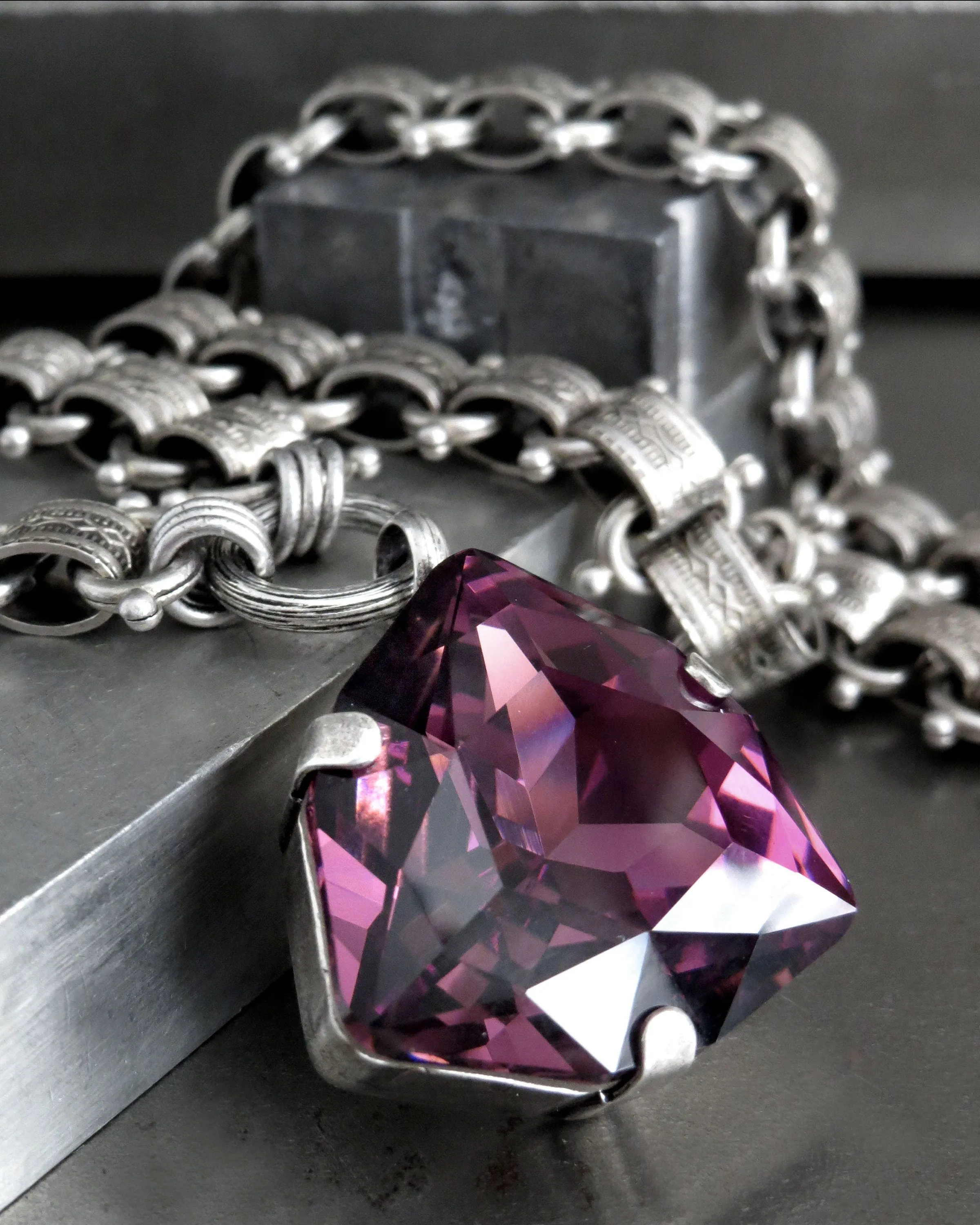 ORACLE - Purple Crystal Pendant Necklace w Rare Trilliant 'Amethyst' Crystal