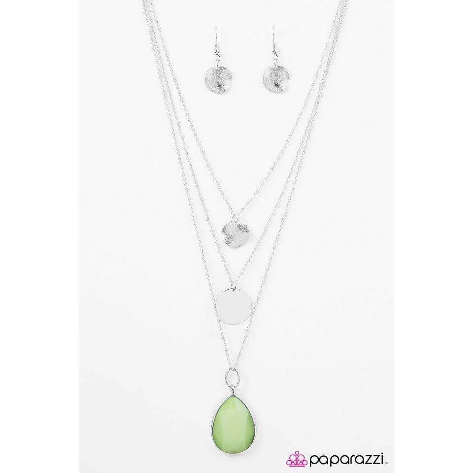 Paparazzi RAIN Supreme Faceted Green Teardrop Silver Necklace & Earring Set