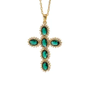 Passion Diamond & Green Jade Stone Cross Pendant Necklace