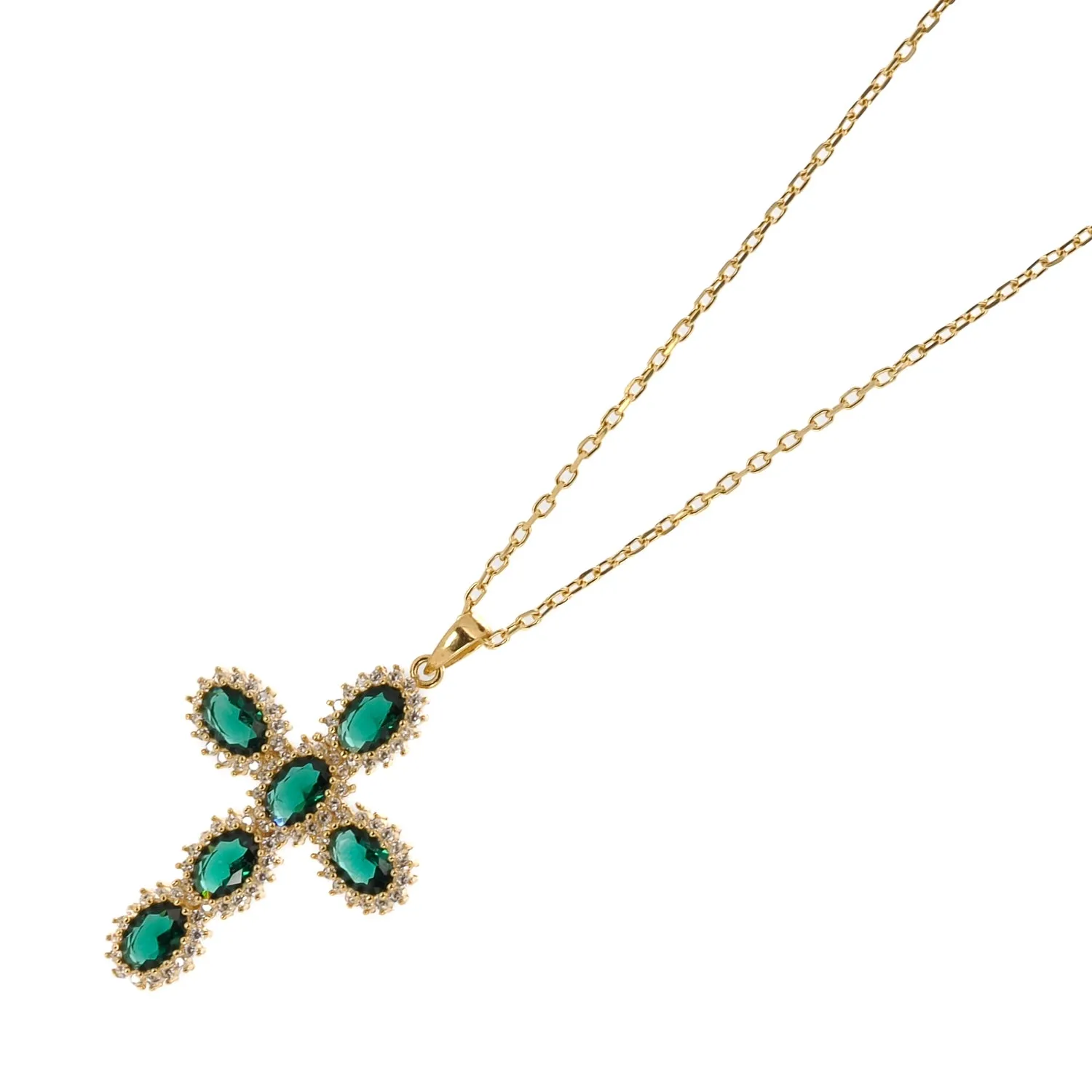 Passion Diamond & Green Jade Stone Cross Pendant Necklace