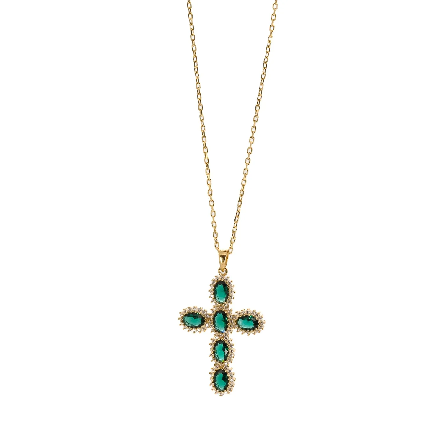 Passion Diamond & Green Jade Stone Cross Pendant Necklace