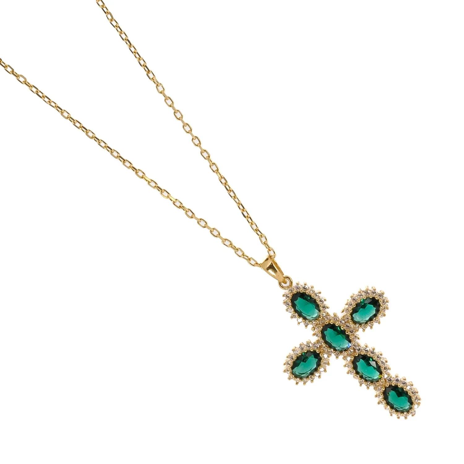 Passion Diamond & Green Jade Stone Cross Pendant Necklace