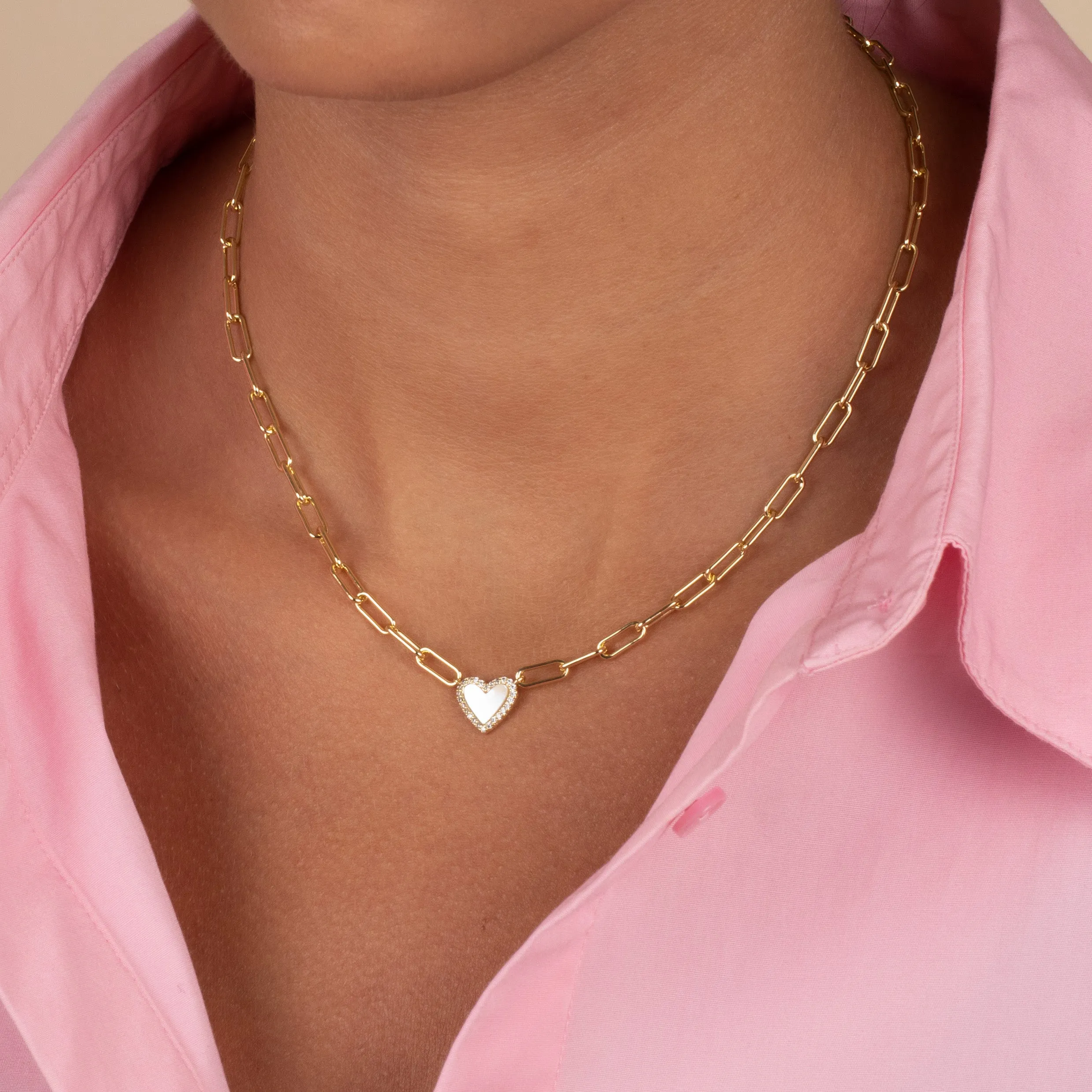 Pave Colored Stone Heart Paperclip Necklace