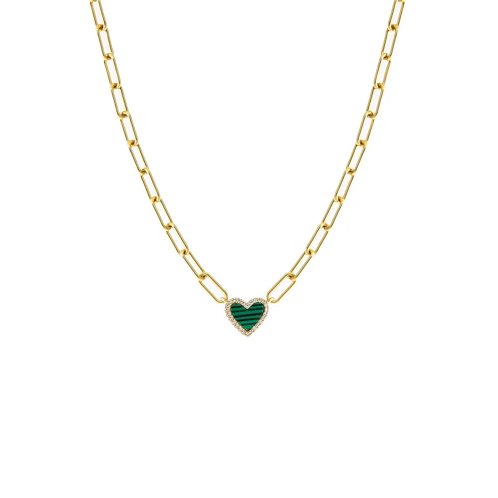 Pave Colored Stone Heart Paperclip Necklace