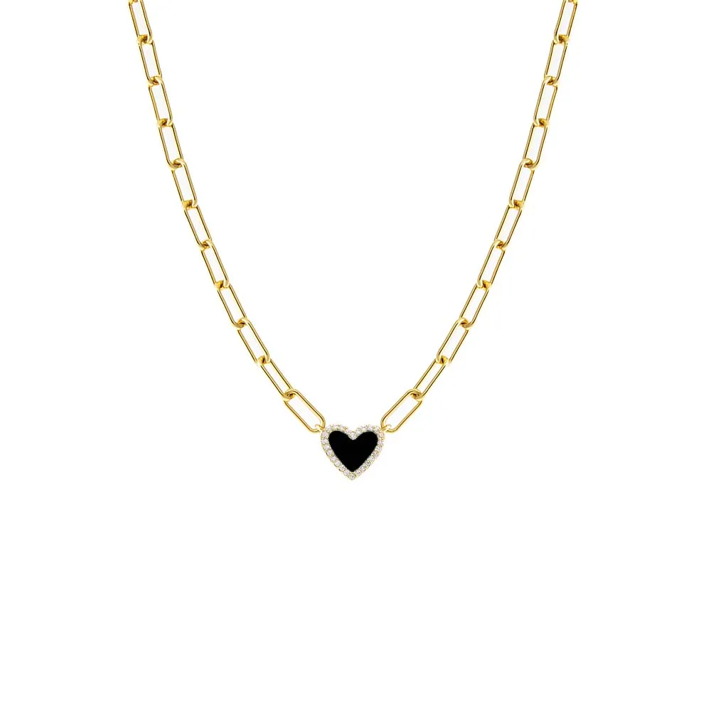 Pave Colored Stone Heart Paperclip Necklace