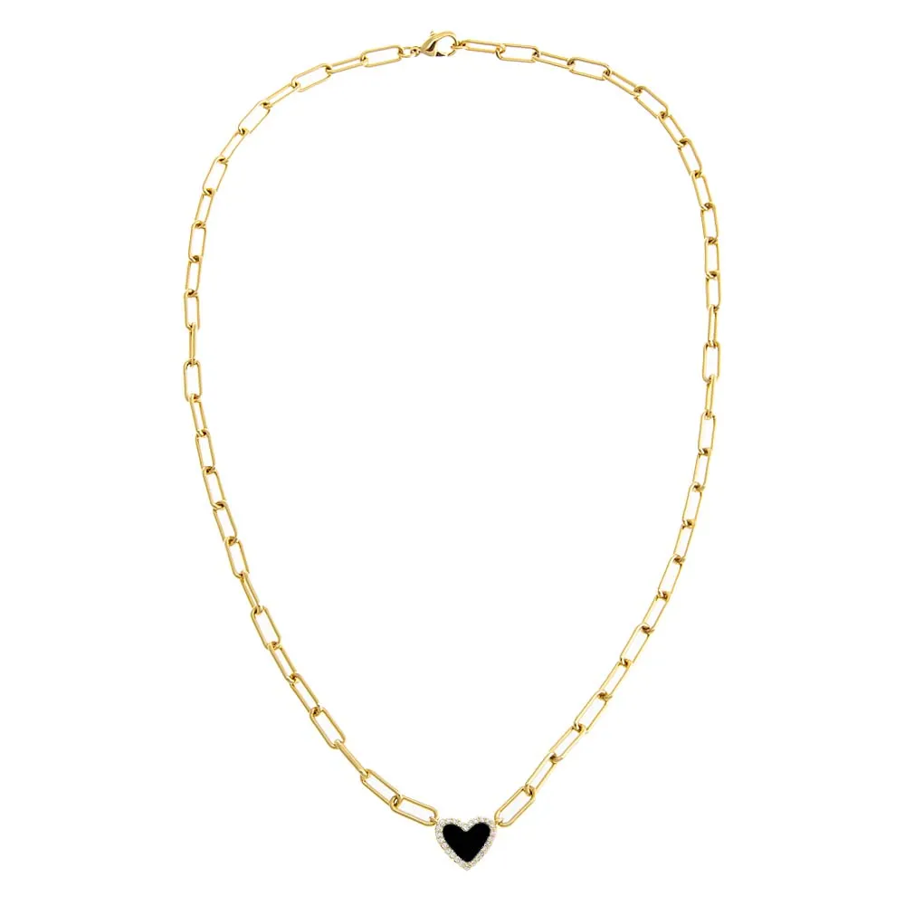 Pave Colored Stone Heart Paperclip Necklace