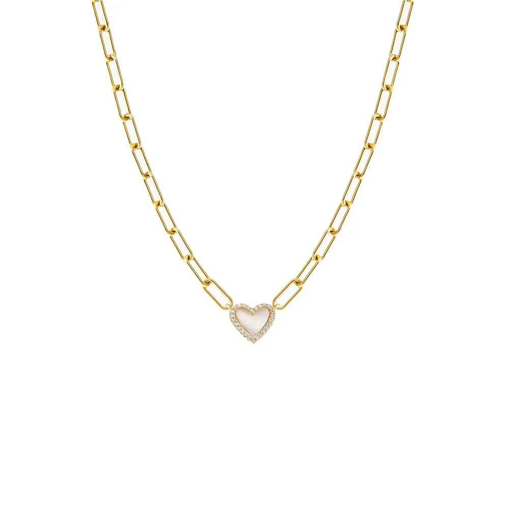 Pave Colored Stone Heart Paperclip Necklace
