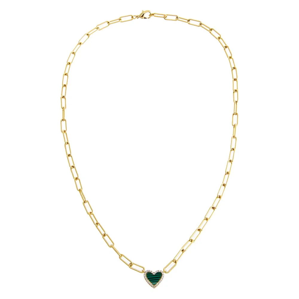 Pave Colored Stone Heart Paperclip Necklace