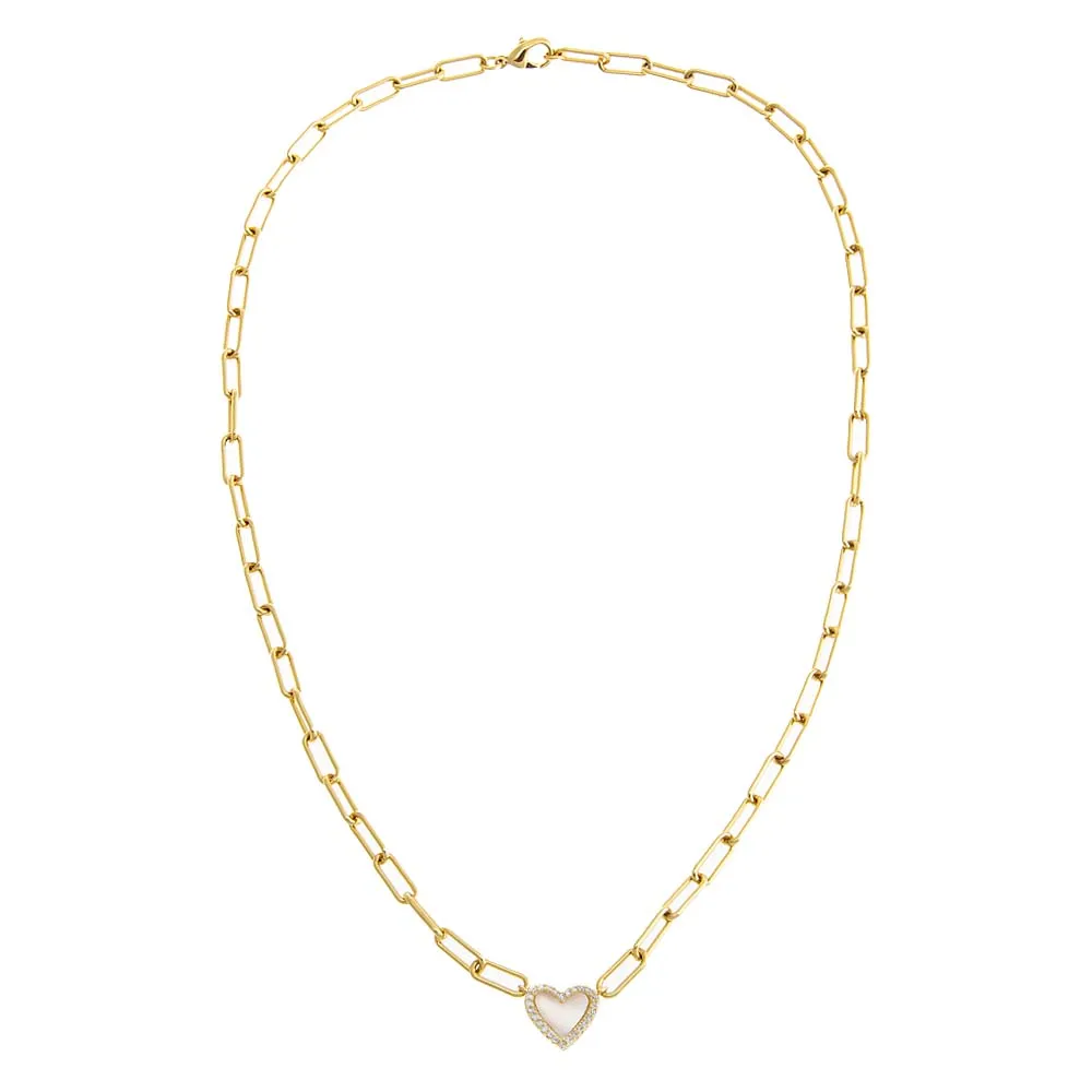 Pave Colored Stone Heart Paperclip Necklace