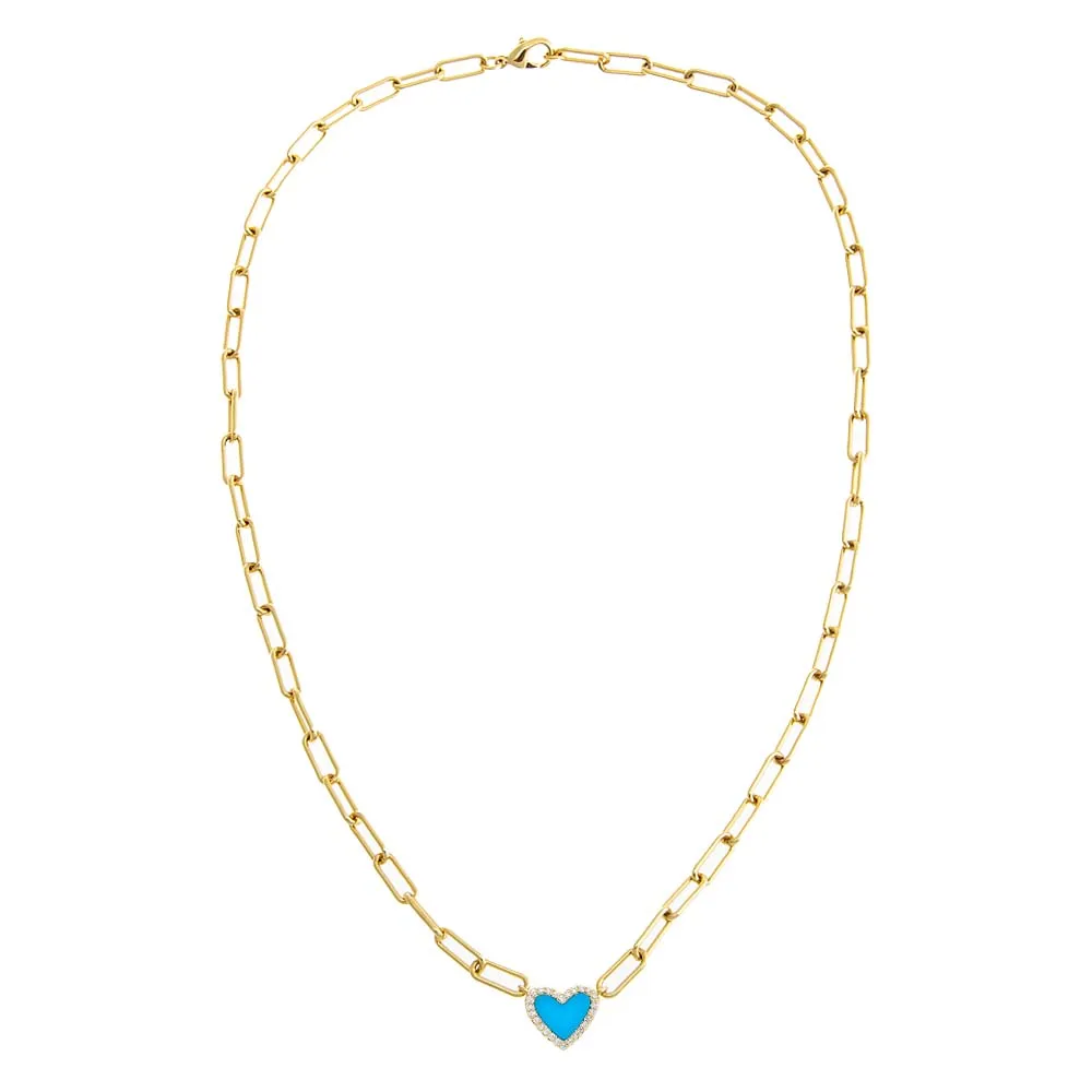 Pave Colored Stone Heart Paperclip Necklace