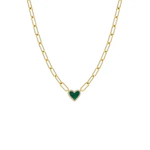 Pave Colored Stone Heart Paperclip Necklace